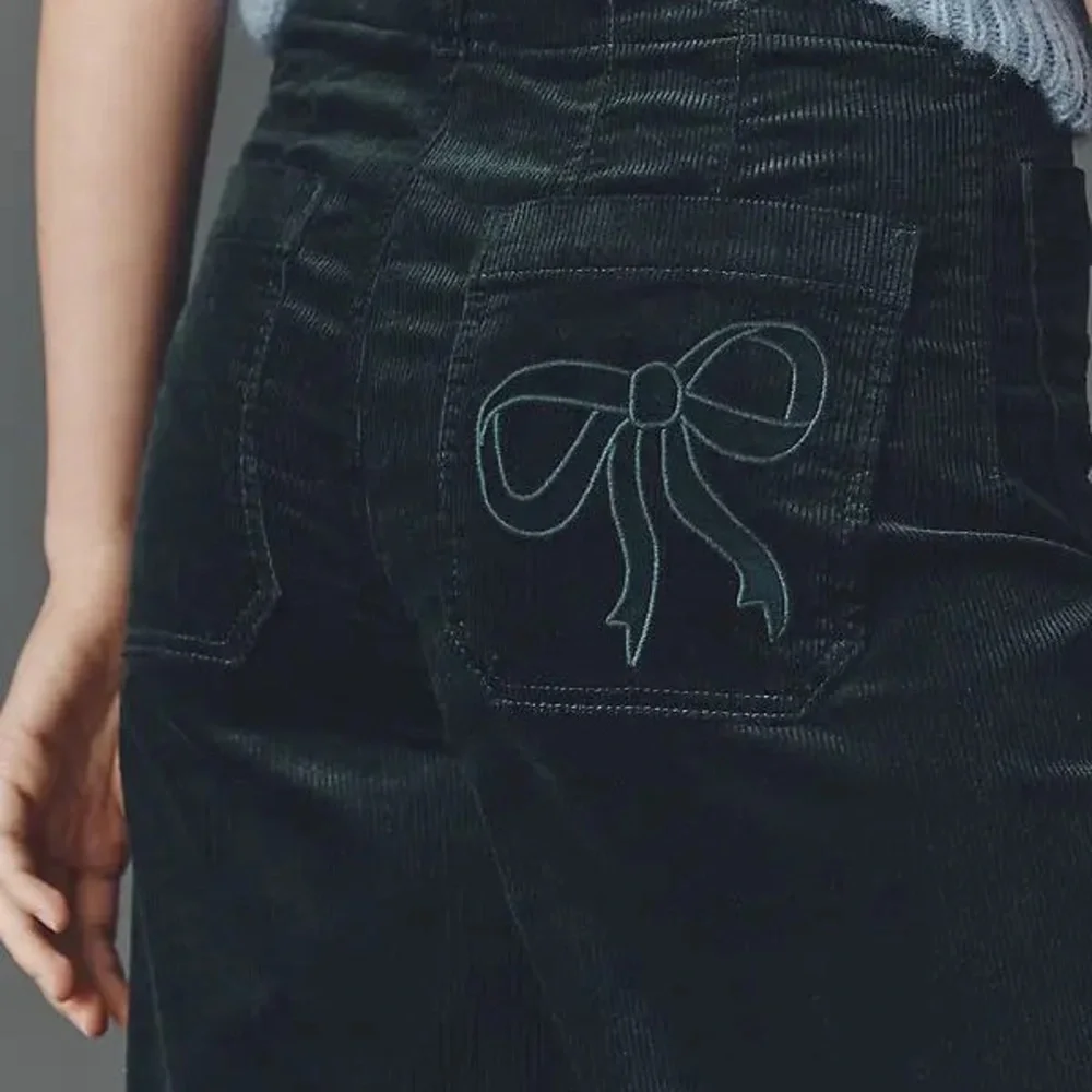 Anthropologie Maeve Colette Bow Corduroy Wide Crop Leg Pants 28 Forest Green - Picture 4 of 14